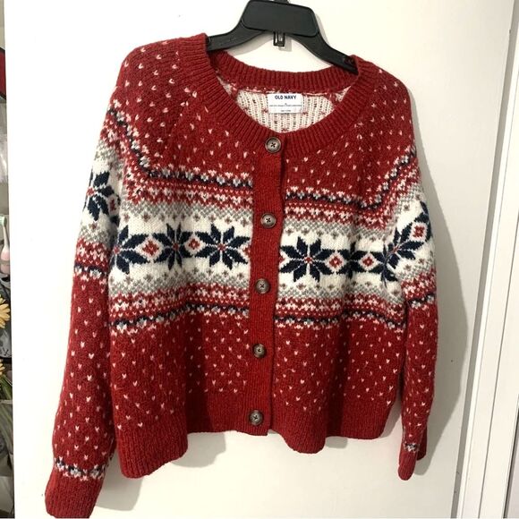 Old Navy Fair Isle Snowflake Cropped Cardigan Sweater Size XL Nordic Cabincore - Picture 5 of 8